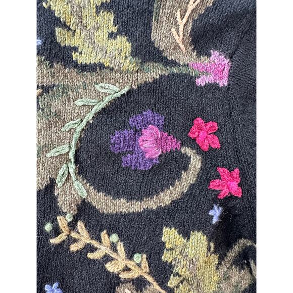 Talbots Sweater Size Small Black Floral Embroidery Grandma Artsy Full Zip - Picture 7 of 14